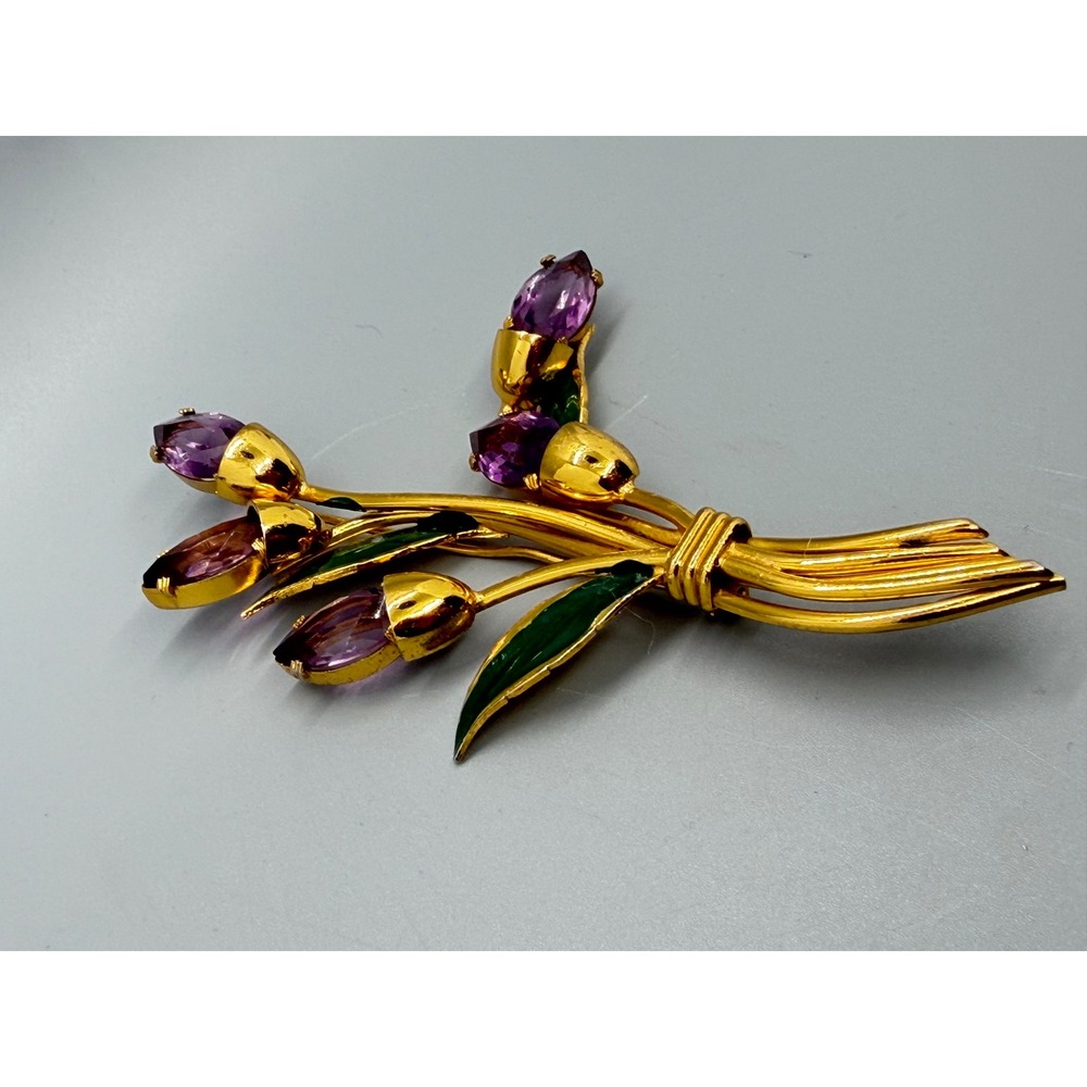 Vintage Gold Tone Purple Glass Enamel Flower Bouquet Brooch Large Statement - Picture 10 of 14